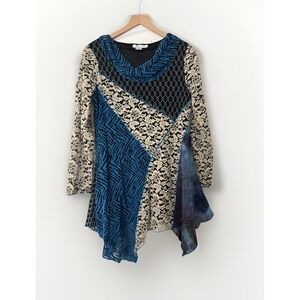 Feratelli Women S Cowl Neck Wool Blen Top Asymmetrical Hem Patchwork Indie Artsy